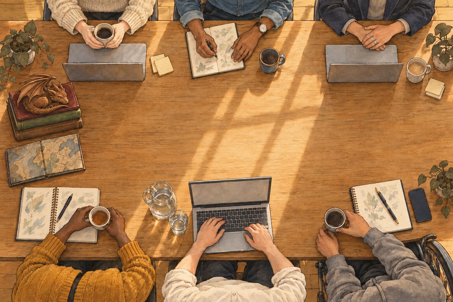 Ink-and-watercolour drawing seen from above: six people's hands at a meeting table in daylight, with laptops, notebooks and coffee cups. At the head of the table a small carved dragon sleeps on a stack of books.