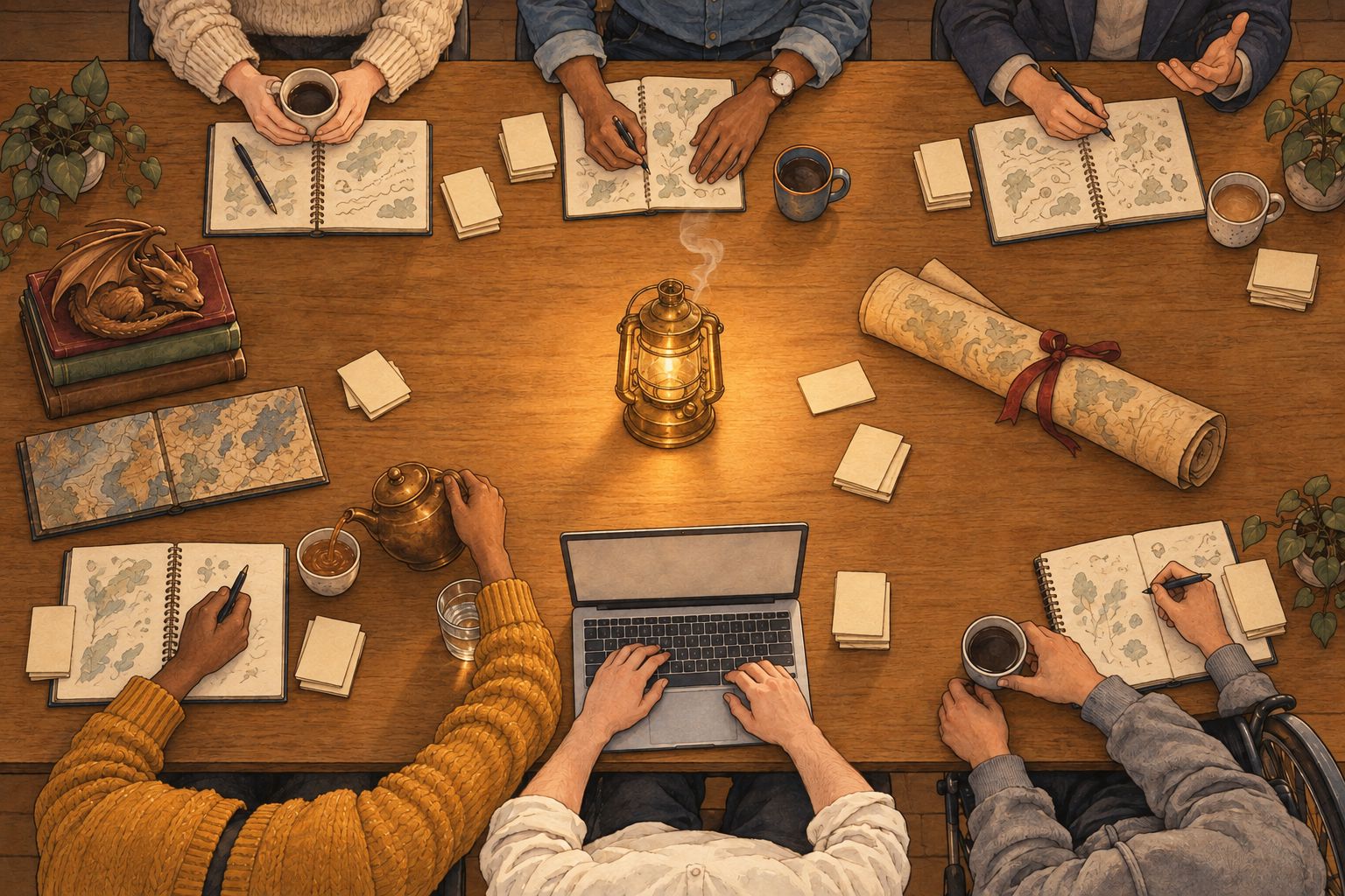 The same table in warm lamplight. The map is rolled up and tied with a ribbon, the lantern burns low, and people write in notebooks and pour tea while they talk.