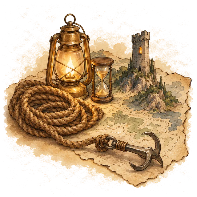 A coil of rope with a grappling hook, a lit lantern and an hourglass beside a tower with one lit window, on the corner of a map.