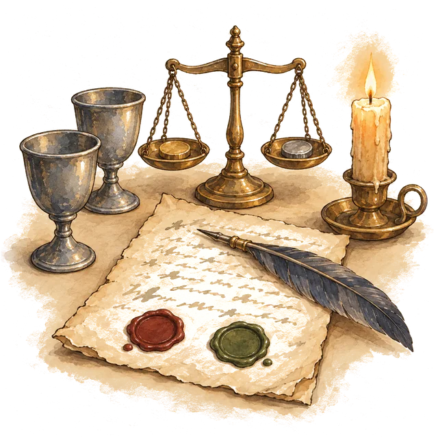 A brass balance with a coin on each pan, two pewter goblets, a lit candle and an agreement with a quill and two wax seals.