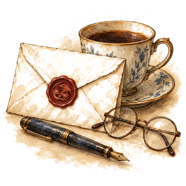 An envelope closed with an oxblood wax seal pressed with a small dragon, beside a cup of tea, a fountain pen and a pair of glasses.