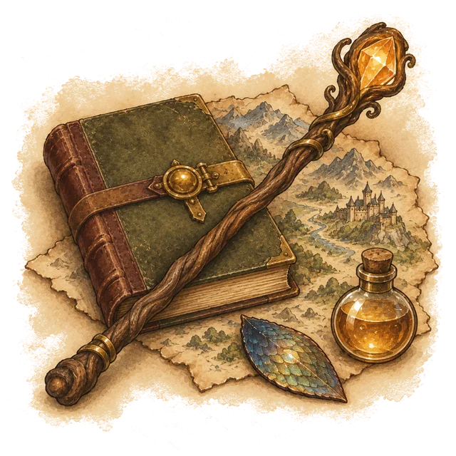 A clasped spellbook, a wooden staff with a glowing amber crystal, a dragon scale and a small potion bottle on the corner of a map.