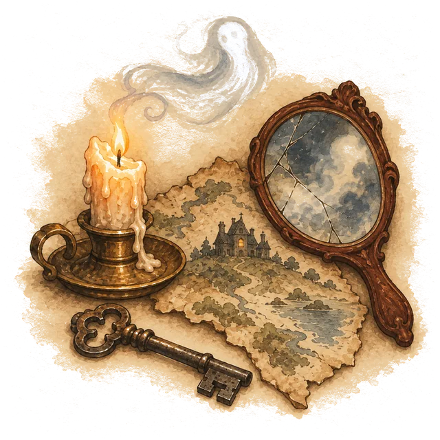 A guttering candle whose smoke curls into the faint shape of a ghost, an old iron key, a misted hand mirror and a small crooked manor house with one lit window.