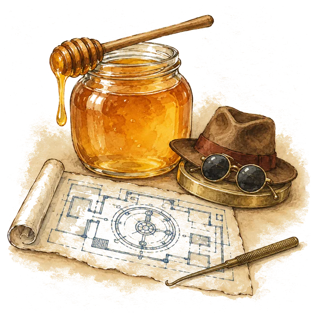 A big jar of honey with a dripping dipper, a small fedora and dark glasses on its lid, a vault blueprint and a lock pick.