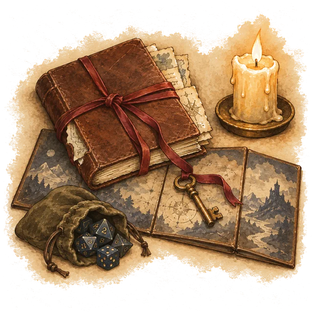 A campaign journal tied with ribbon, a folded game master's screen with a brass key resting on it, a pouch of dice and a lit candle.