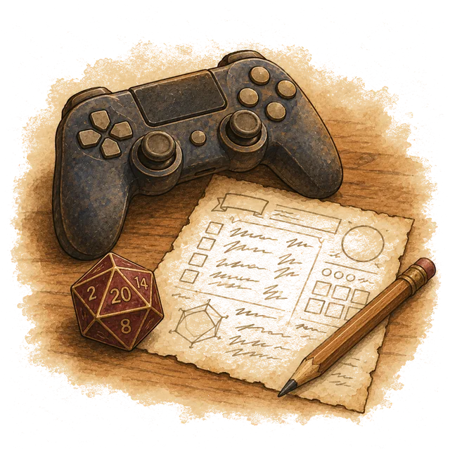 A video-game controller beside a character sheet, a pencil and a twenty-sided die.
